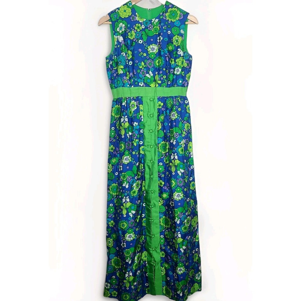 Vtg Retro 60s 70s Flower Power Maxi Dress Button Front Empire Waist Boho Hippie